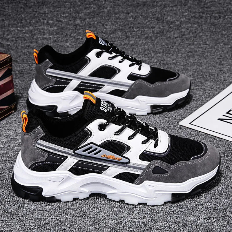 Black and white men's lace-up mesh sneakers with thick rubber sole for outdoor running