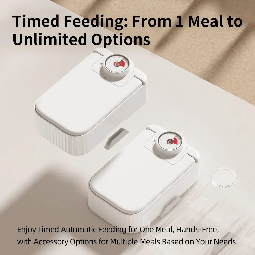 White electronic pet feeder with timer display and ice crystal compartment for 48-hour food freshness