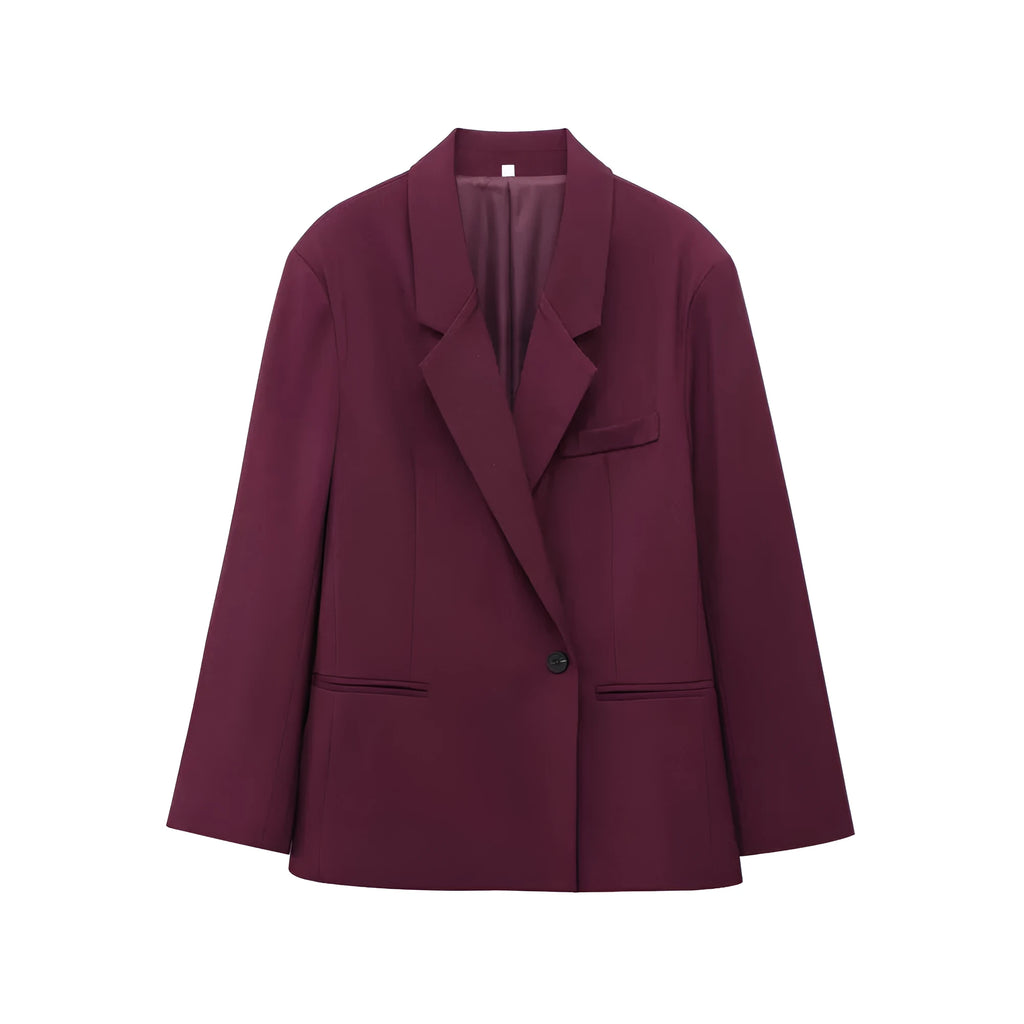 Women's double-breasted loose casual suit coat in solid red polyester with regular sleeves, sizes XS to L