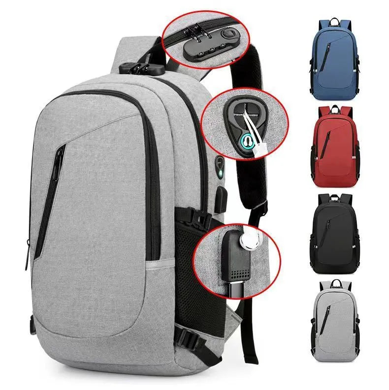 Grey Oxford cloth computer backpack with front pocket and adjustable straps, shown with laptop compartment open.