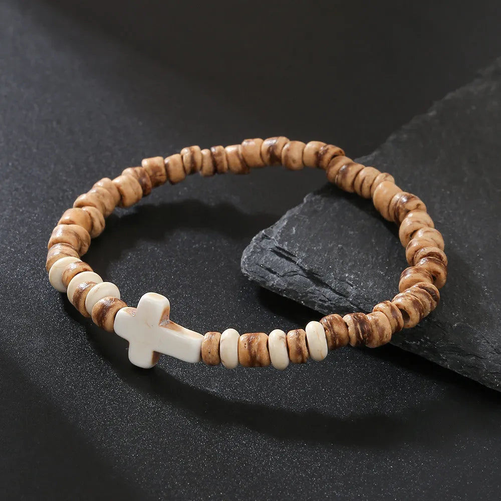 Hand-woven unisex wood bracelet with turquoise accents and totem pattern