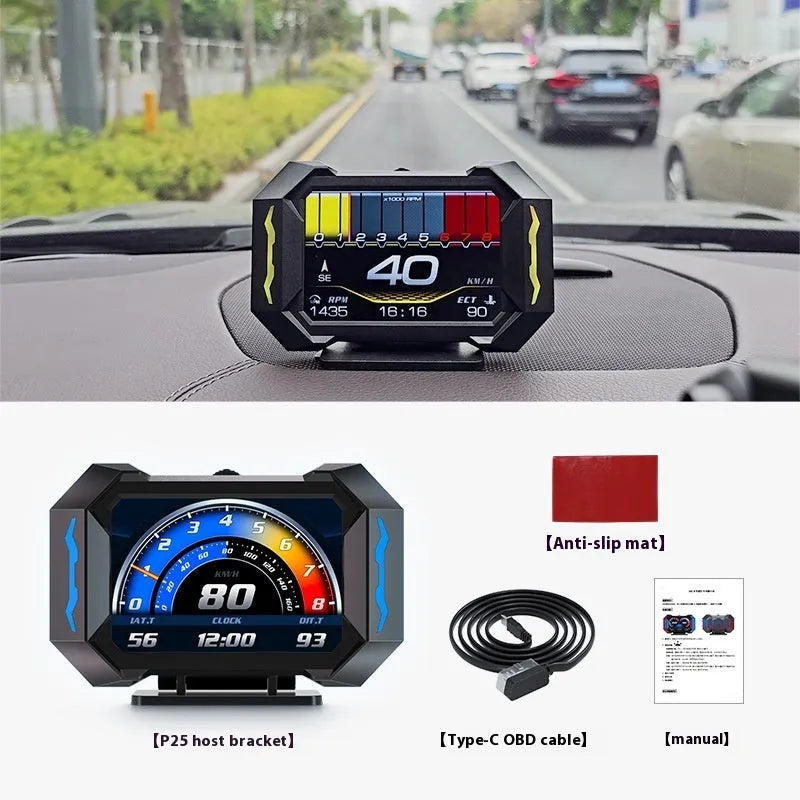 Black PC ABS car head-up display showing speed, water temperature, and voltage, OBD2 and GPS modes, HD screen