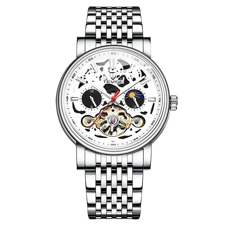 Men's mechanical tourbillon watch with waterproof case and luminous hands in multiple colour options