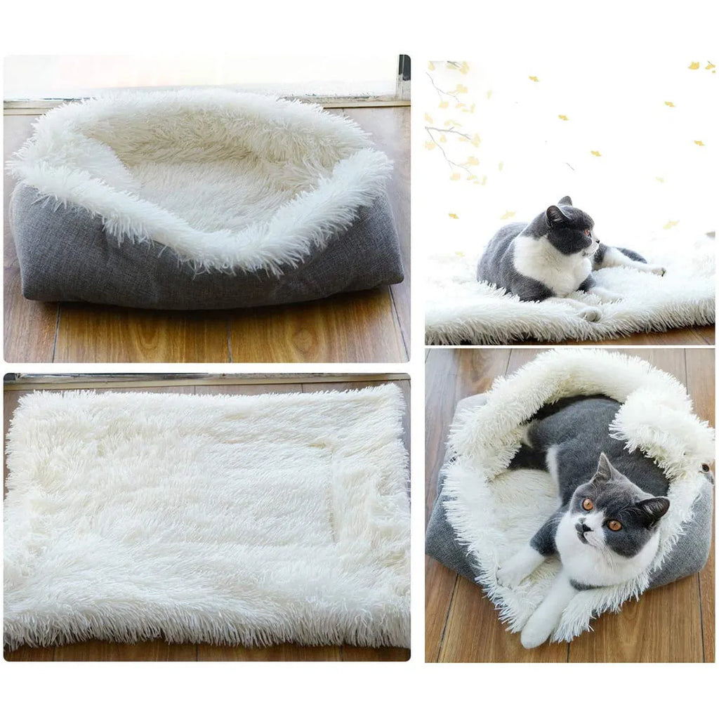 Grey fluffy pet sleeping pad for cats and dogs on a sofa, showing non-slip black bottom.