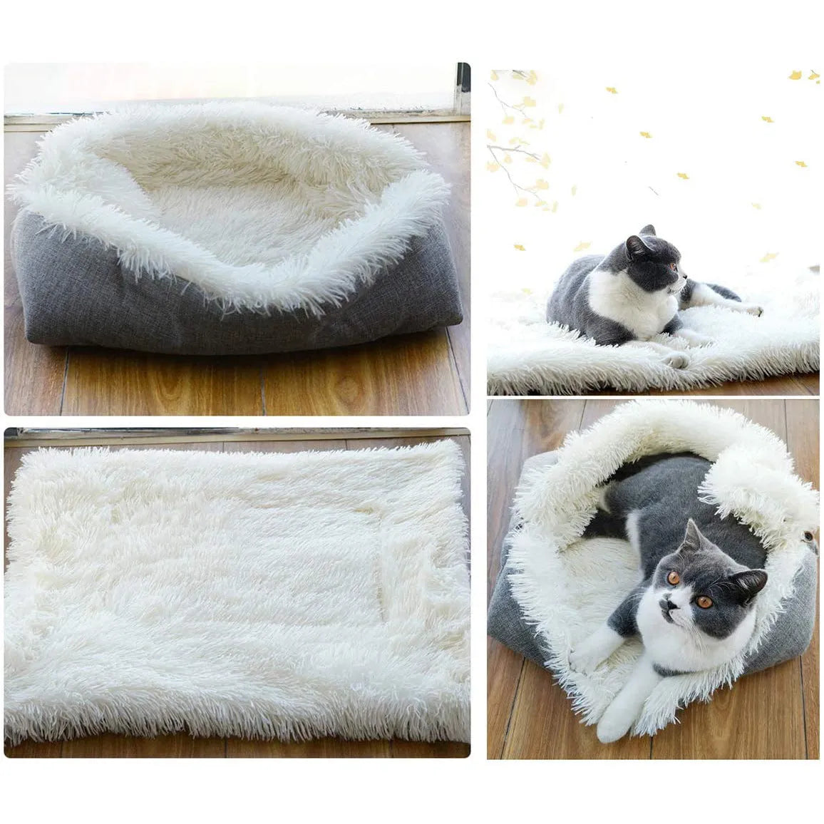 Grey fluffy pet sleeping pad for cats and dogs on a sofa, showing non-slip black bottom.