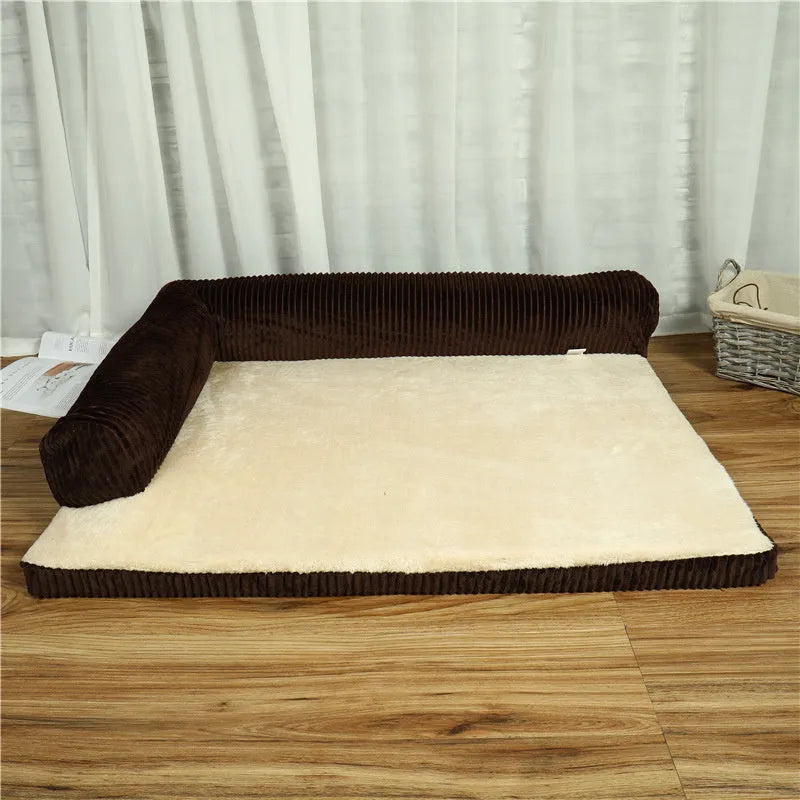 Corduroy dog sofa bed with bolster sides in grey colour on wooden floor