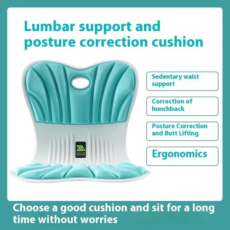 Grey ergonomic waist support cushion on office chair for posture correction