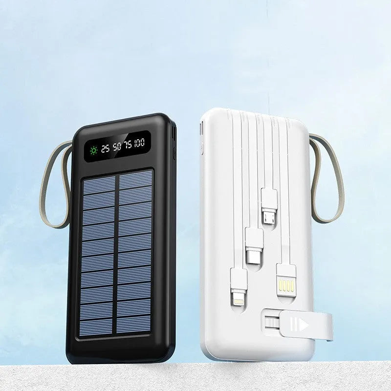 Solar power bank in black or white with solar panel, showing compact size of 144x68x16mm