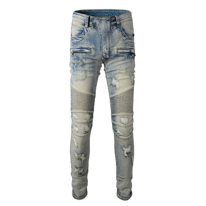 Light blue men's slim fit jeans with hand-frayed distressing on the knees and thighs, featuring a zipper fly and mid-rise waist.