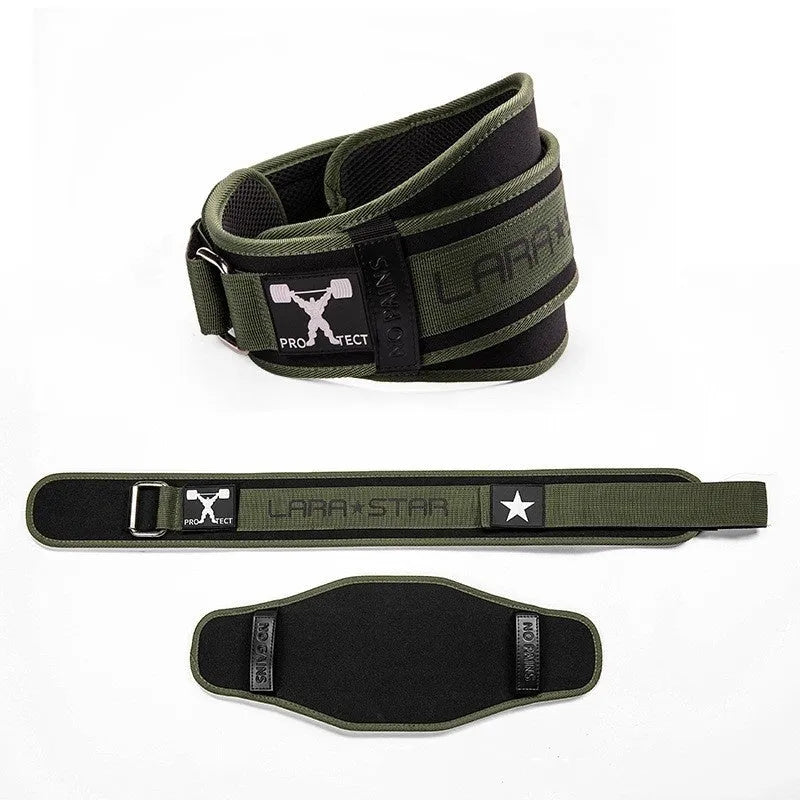 Men's fitness lumbar support belt in army green for weight training and gym workouts.