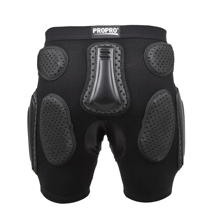 Black cycling hip protection pants showing hip pad placement, labelled with available sizes S, M, L, XL.