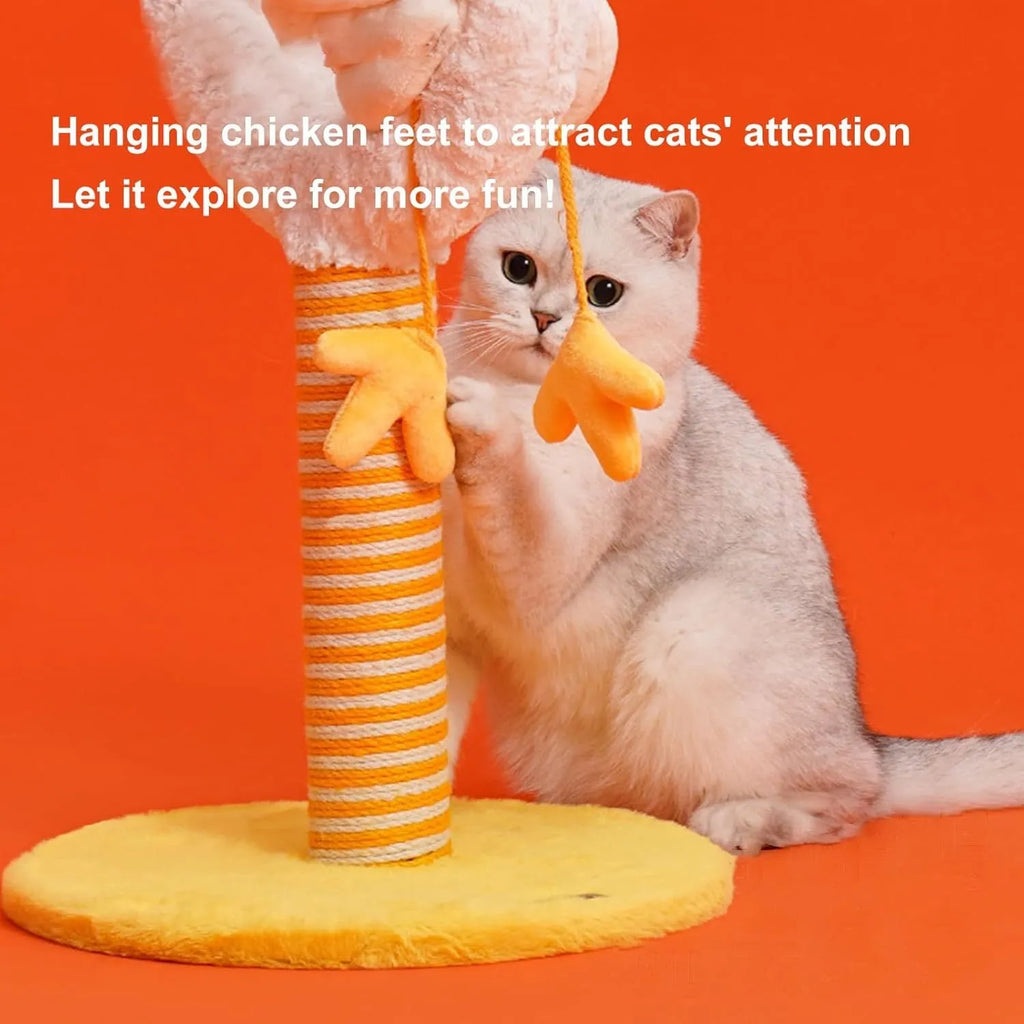 Yellow vertical cat scratching post with sisal wrapping, chicken strip design and spring ball attachment