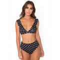 Black and white polka dot print swimsuit bikini set with ruffled deep V-neck top and matching shorts
