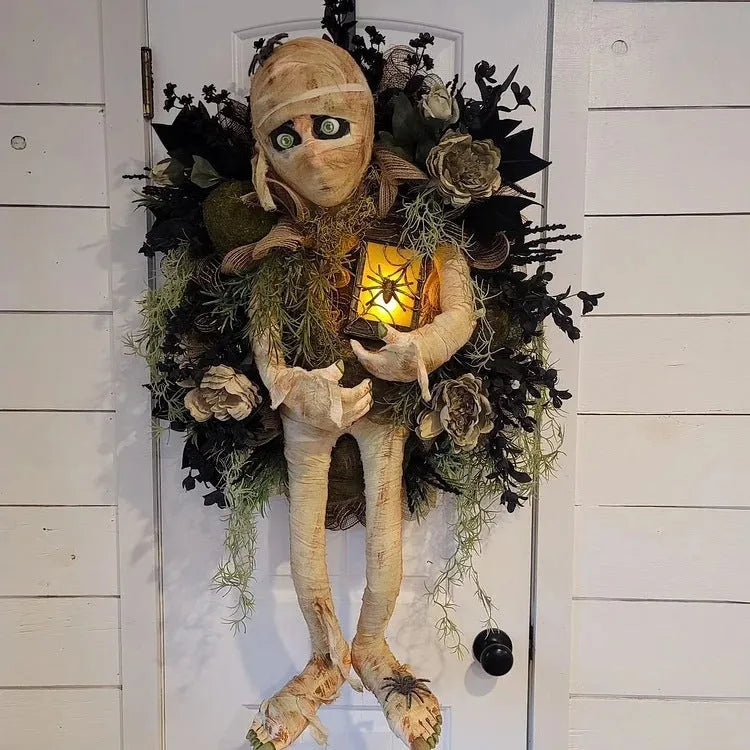 Realistic mummy skeleton hands Halloween wreath 46cm for front door hanging