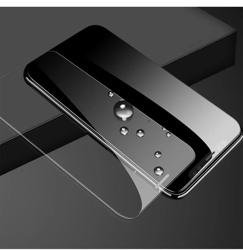 Samsung phone with HD tempered glass screen protector showing full screen coverage