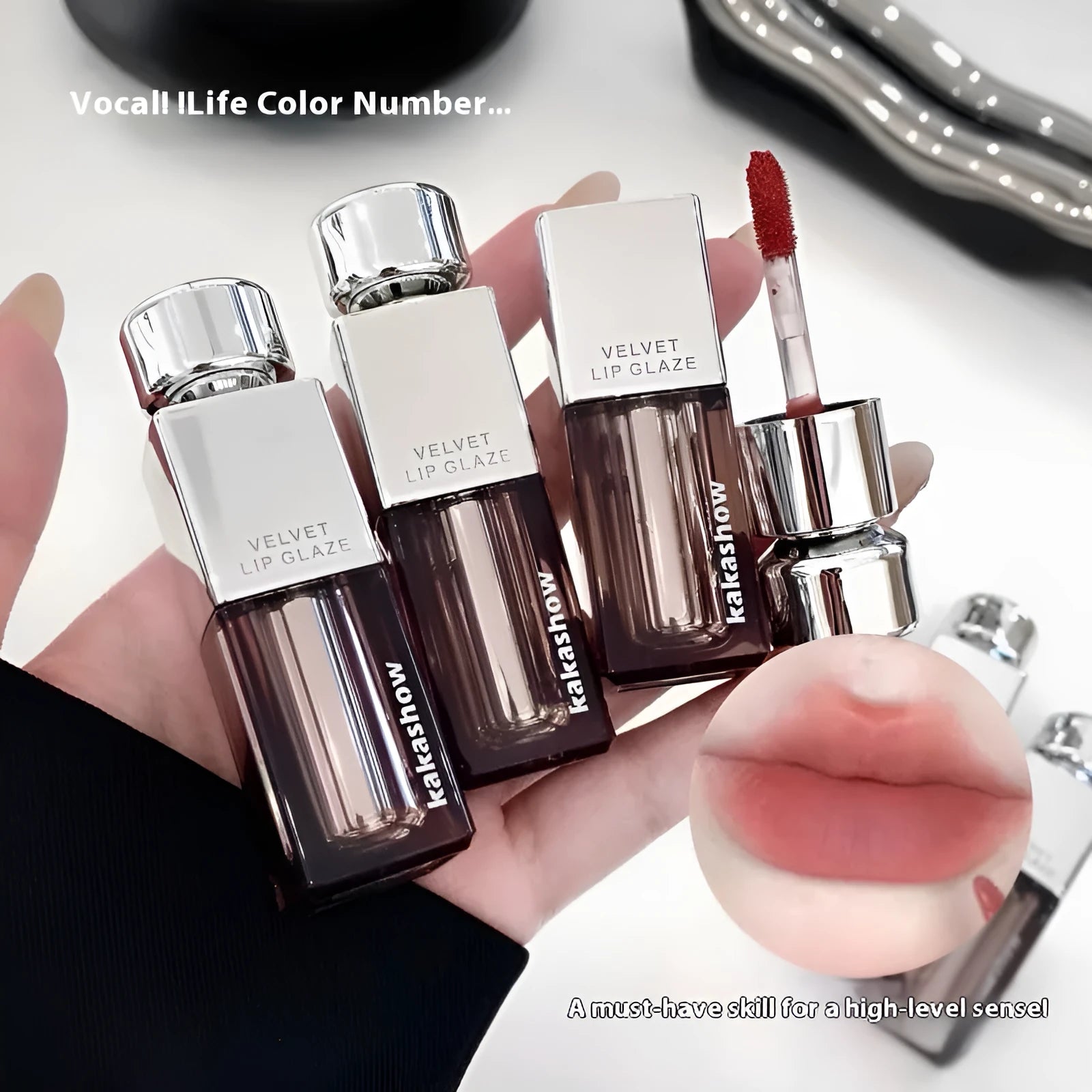 Kakashow matte soft mist lipstick in velvet lip paint formula showing six colour options