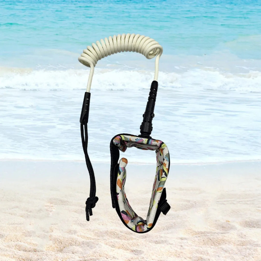 Surfboard hand holding rope showing elastic surfboard pulp rope construction with random colour selection