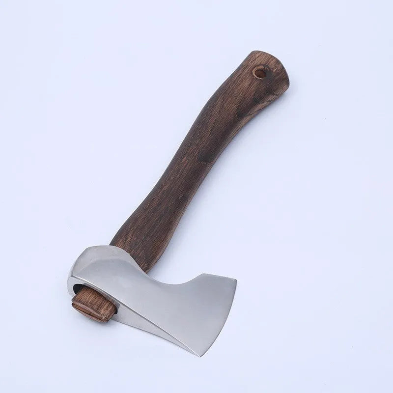 Camping axe with a high-carbon steel head and a wooden handle on a neutral background