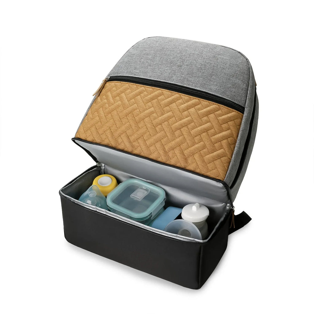 Grey insulated mother and child travel backpack with curved shoulder straps showing interior organisational compartments