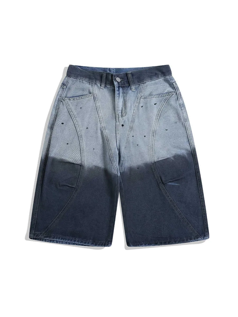 Blue tie-dye gradient cropped jeans with washed-out finish and loose casual fit