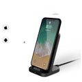 Dark grey vertical wireless charger desktop base for Apple smartphones measuring 70 x 70 x 113 mm
