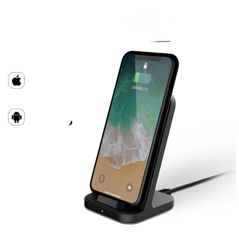 Dark grey vertical wireless charger desktop base for Apple smartphones measuring 70 x 70 x 113 mm