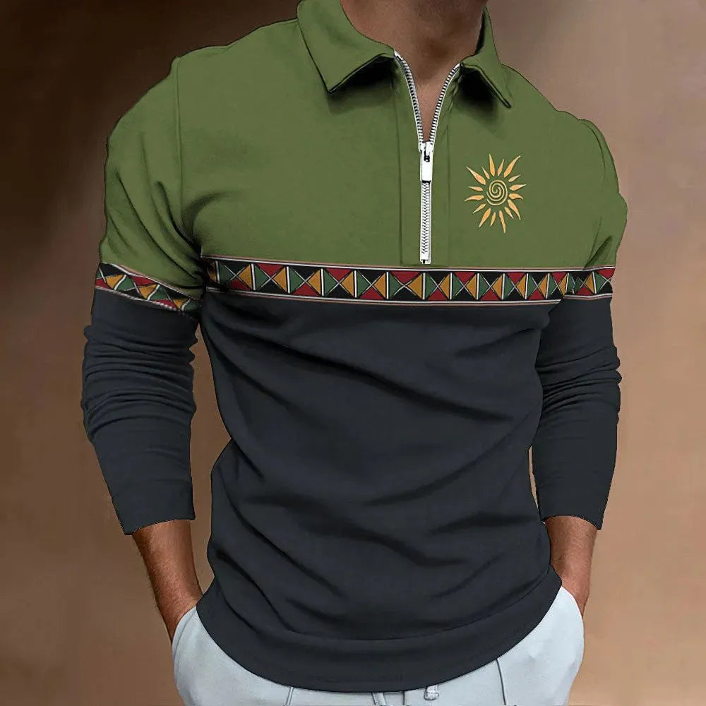 Men's retro colour print golf t-shirt with long sleeves and zip decorations on striped bird eye cloth