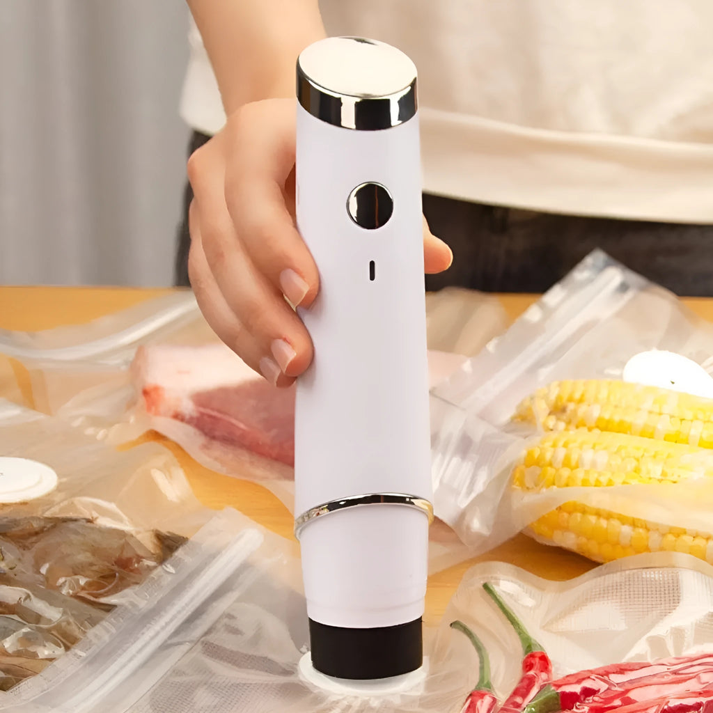 White USB electric vacuum food storage pump with five 26x28cm plastic zipper bags