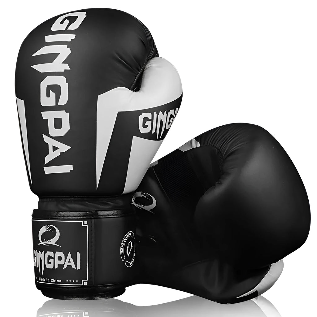 Pair of PU boxing gloves for Sanda and fitness training in 6 oz to 12 oz, shown in white and black