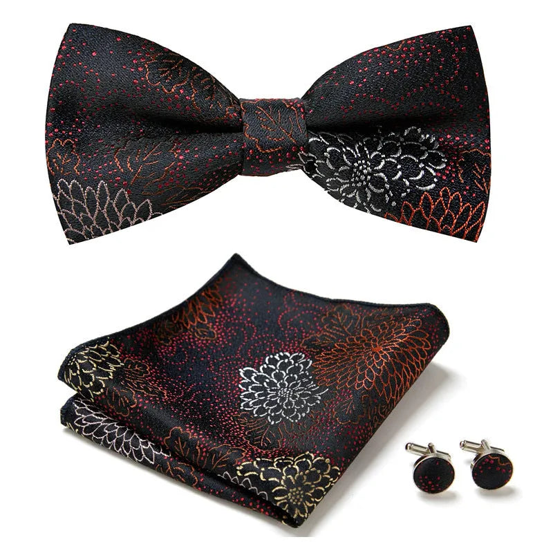 Floral Bow Tie Set of Three Pieces Polyester Yarn Hand-Sewn 12cm by 6cm Bow Tie with Matching Pocket Square 25x25cm and Cufflinks 1.5cm for Men's Formal Wedding and Party Accessories Multistyle Options
