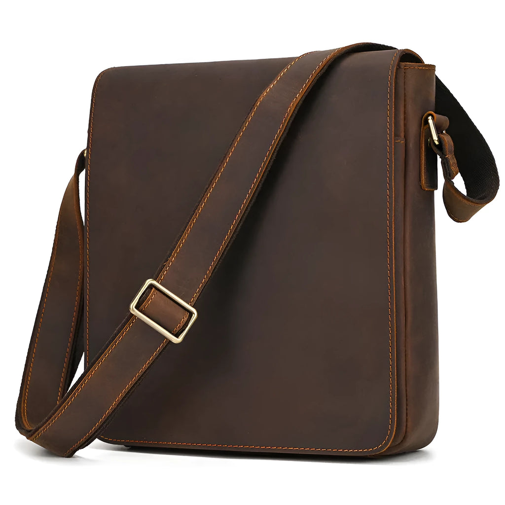 Men's dark brown first layer cowhide leather shoulder bag with crossbody strap