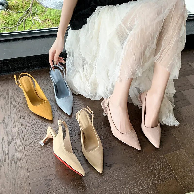 Women's suede stiletto heel pointed high heels in apricot, pink, sky blue, and yellow colours