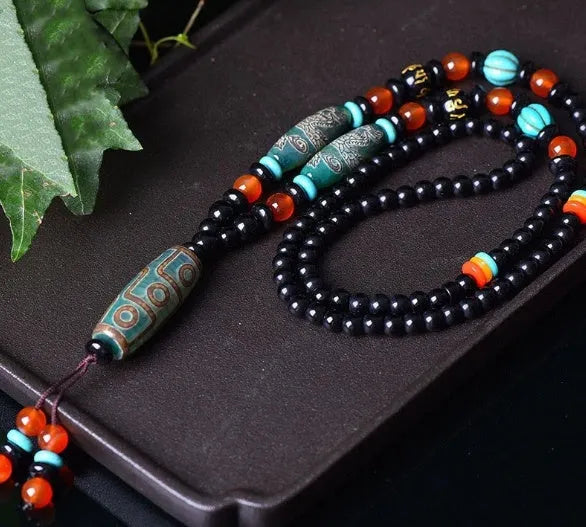 Ethnic style Dzi bead pendant necklace in green Tibet beads made from jade and agate