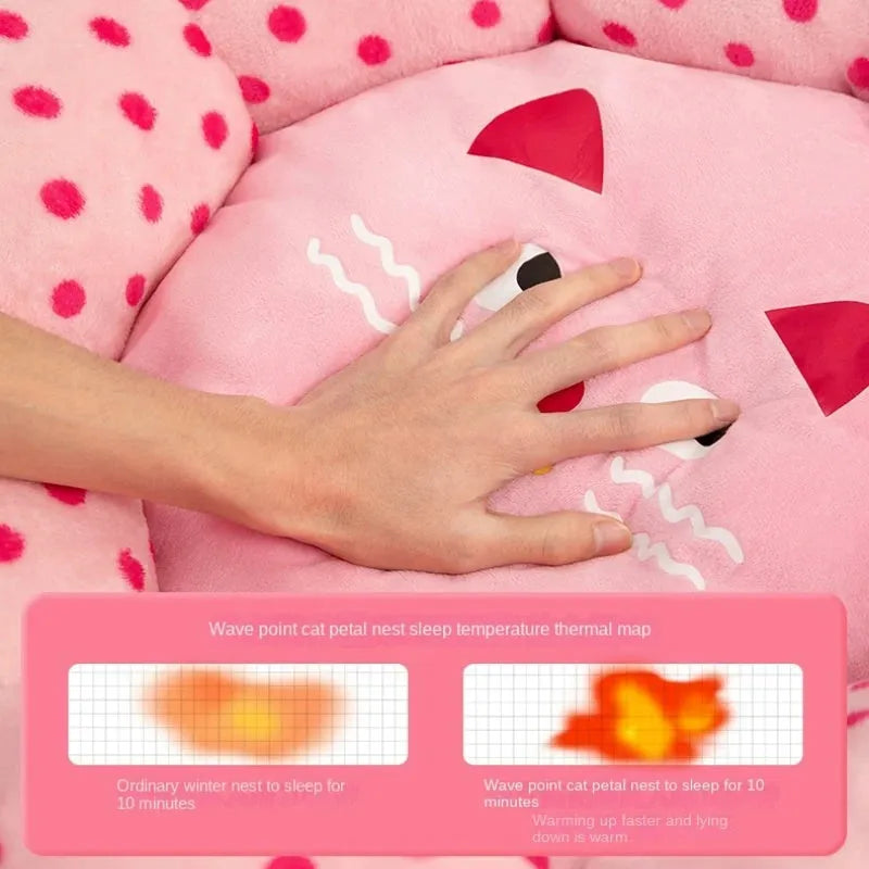 Pink dot pattern fabric cat nest bed in circular design showing two size options for pets up to 20 pounds