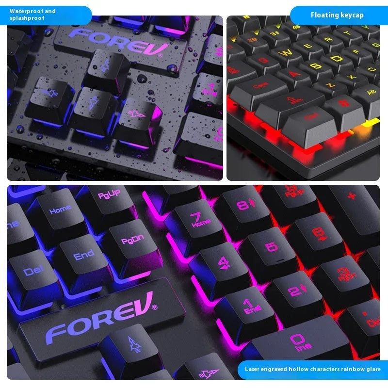 Black 104-key gaming keyboard with backlight and matching mouse on desk