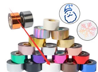 Rolls of electrochemical aluminium hot stamping foil in various colours like gold and silver with 3cm and 5cm widths.