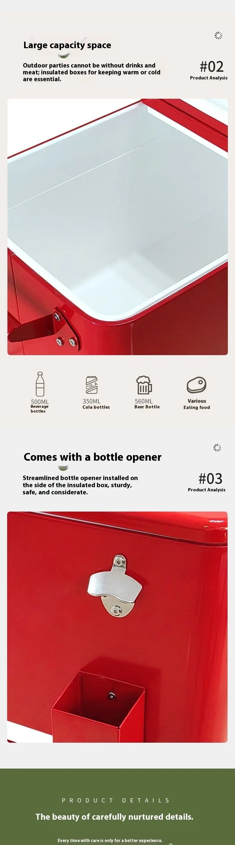 Red outdoor metal insulated trolley cooler box with 750ml capacity
