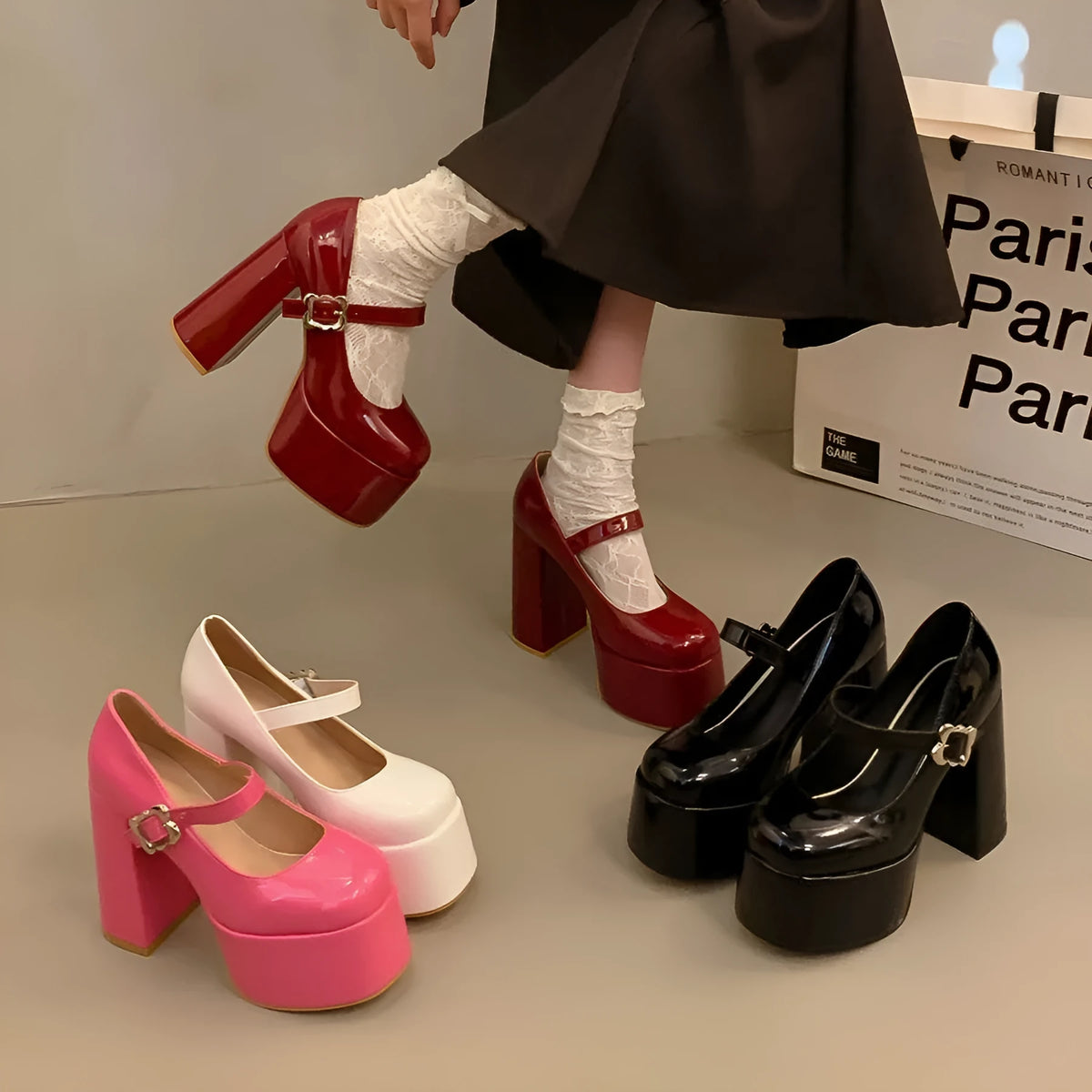 Pink waterproof platform Mary Jane shoes with 6-8cm thick heel, rubber sole and round toe, sizes 33-39.