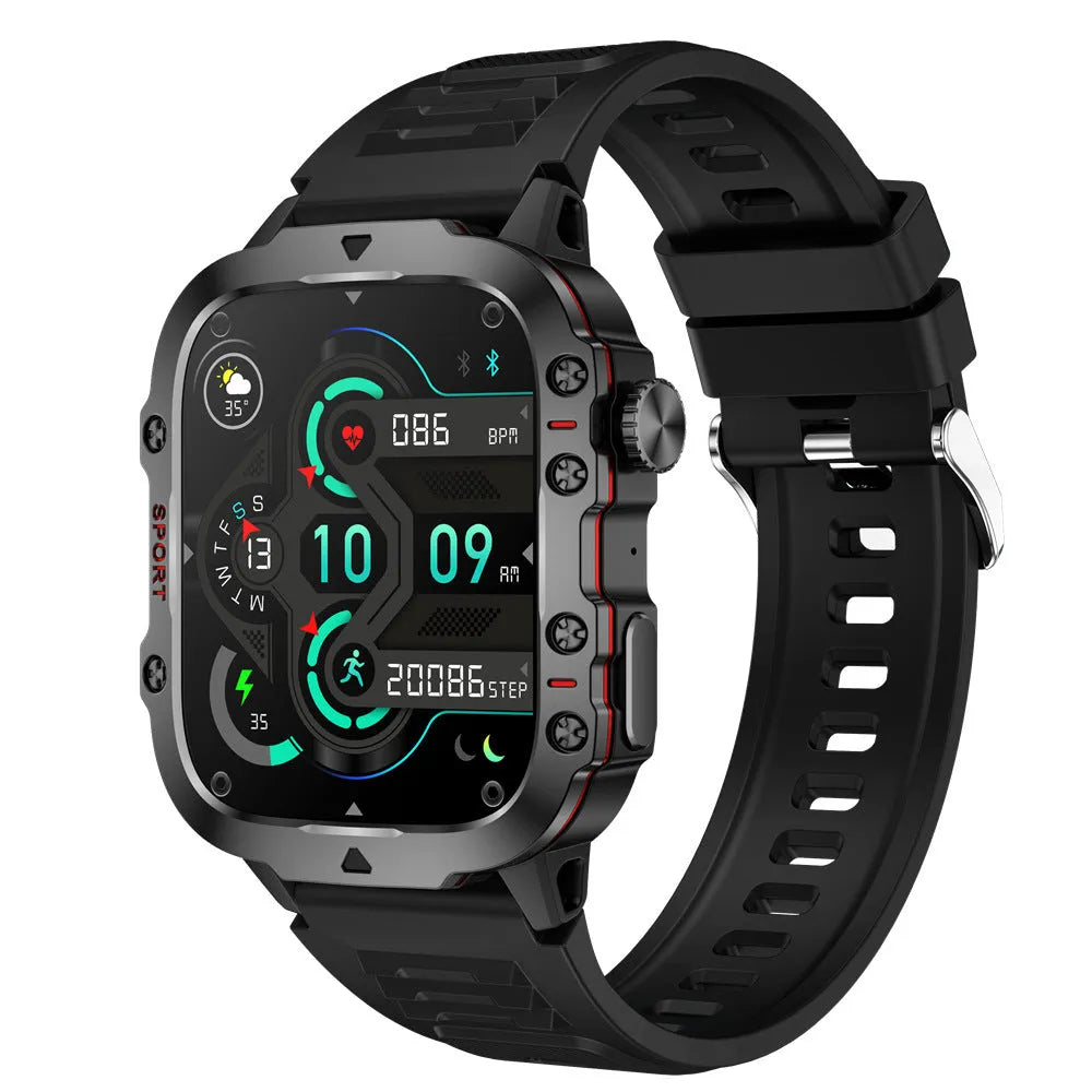 QX11 Smart Watch in black with zinc alloy case and touch screen displaying heart rate and step count.