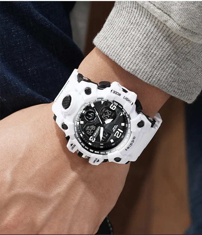 Men's black and red dual display sports watch with analogue hands and digital screen on a plastic strap.