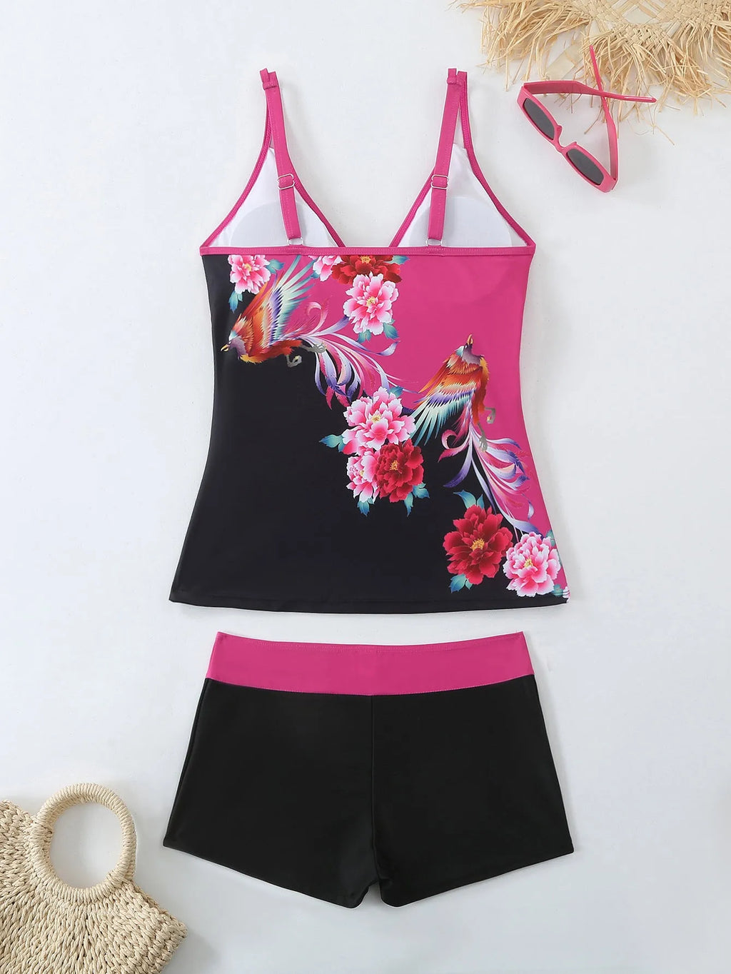 Plus size women's two-piece printed swimsuit in black or rose red with a cotton lining.