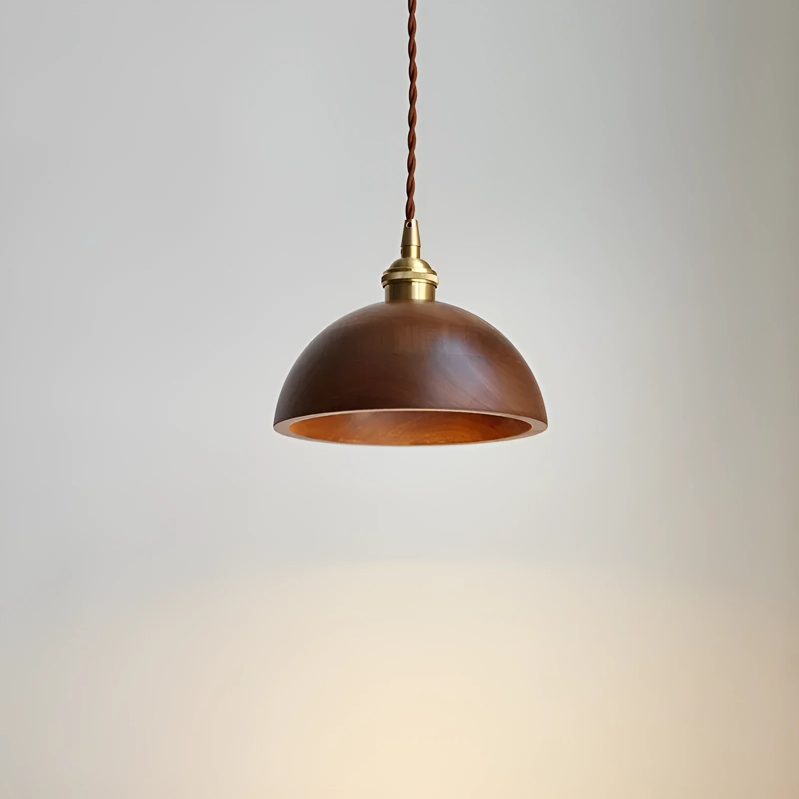 Black walnut and copper art single-head droplight chandelier with a fabric shade.