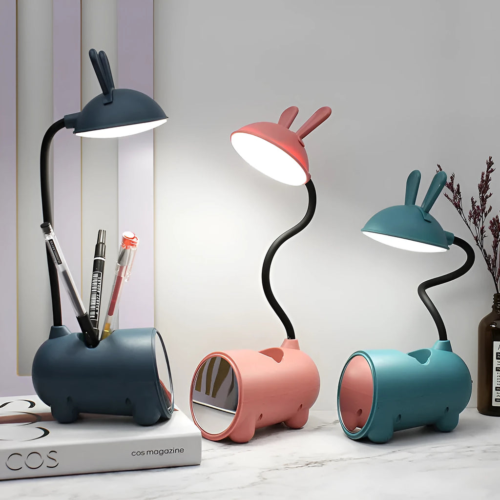 Cartoon-style USB desktop table lamp with pen container in dark blue colour