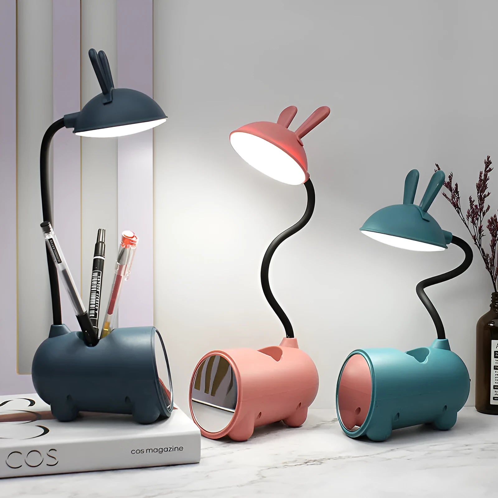 Cartoon-style USB desktop table lamp with pen container in dark blue colour