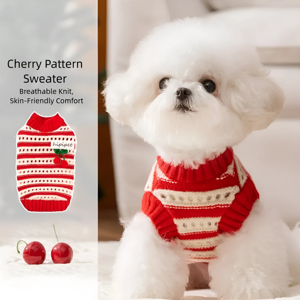Red knitted cherry pet sweater with white stripes and 3D cherry embroidery for small dogs and cats