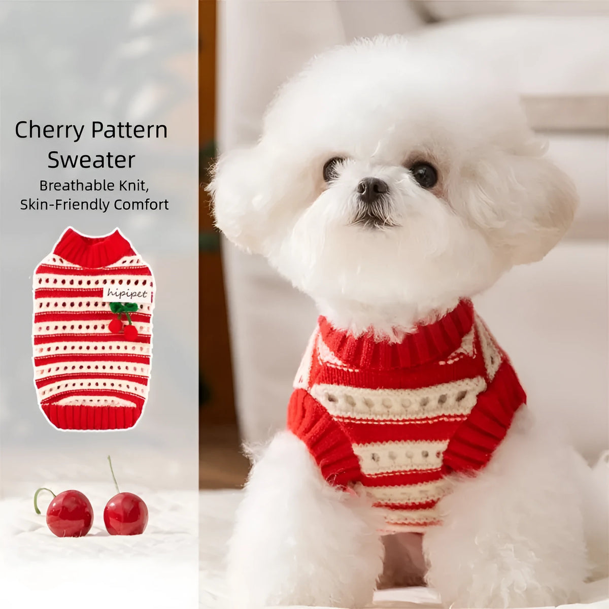 Red knitted cherry pet sweater with white stripes and 3D cherry embroidery for small dogs and cats