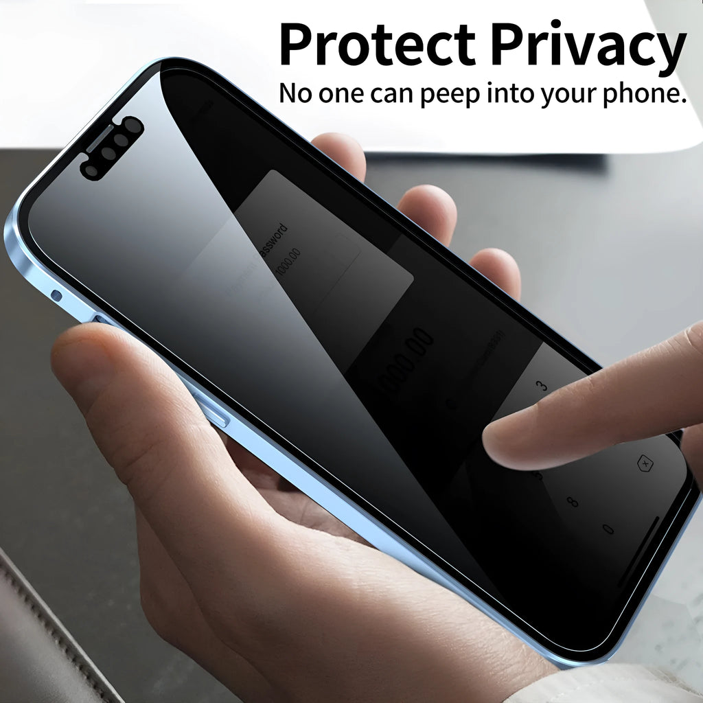 Privacy-proof magneto iPhone case with metal frame in various colours including black, red, gold, and light purple.