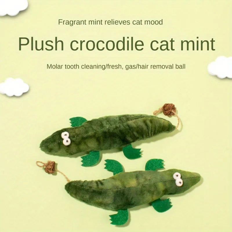 Green plush alligator cat toy measuring 30cm long with catnip pouch and peppermint scent