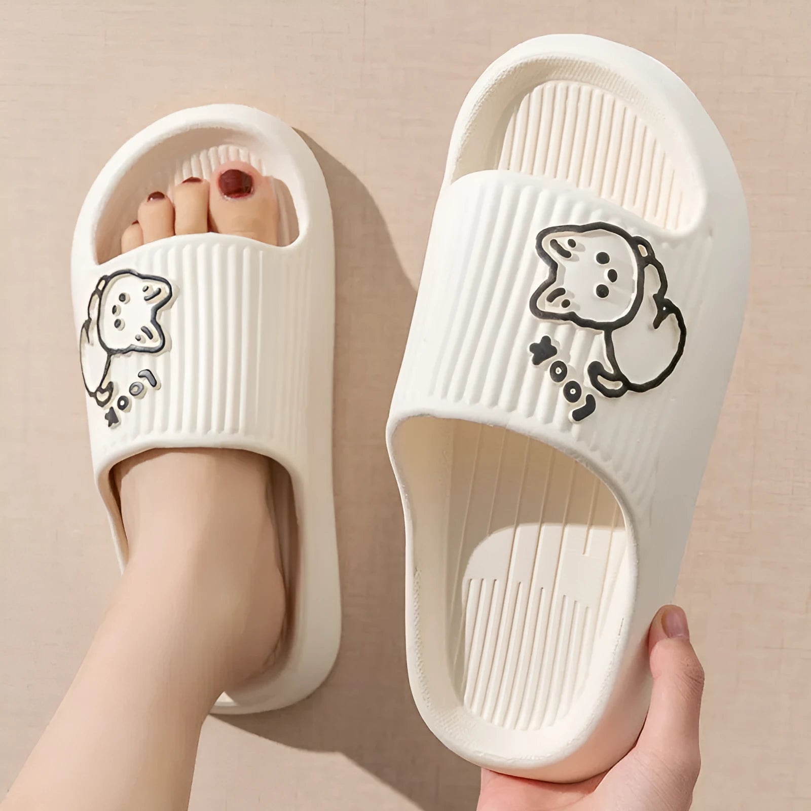 Cat-themed platform slippers with thick EVA sole in multiple colour options