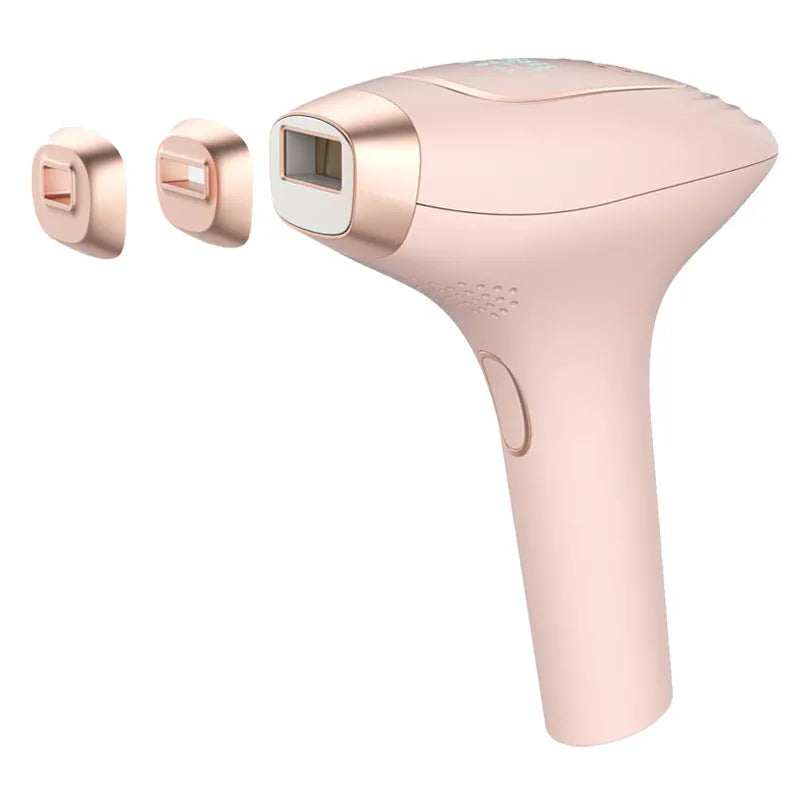 Pink and white three-in-one ice-sensing laser hair removal device with charging cable and accessories on a white background.